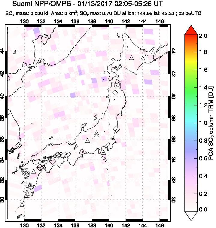 A sulfur dioxide image over Japan on Jan 13, 2017.