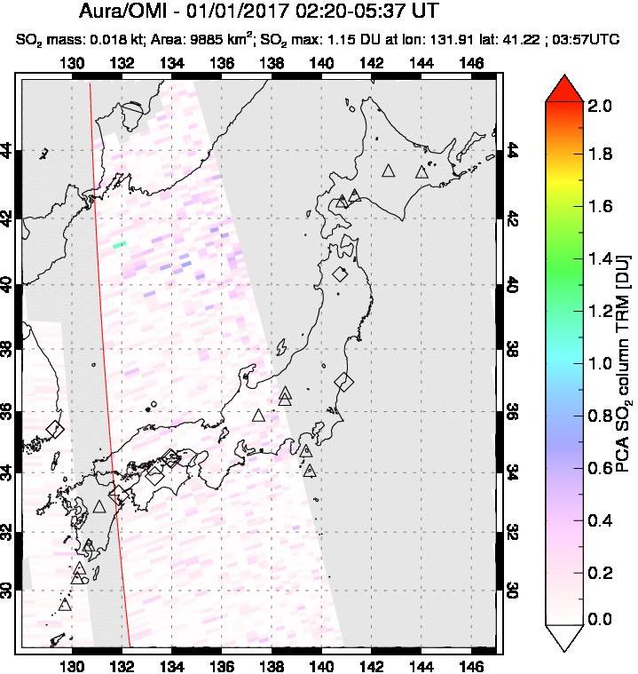 A sulfur dioxide image over Japan on Jan 01, 2017.