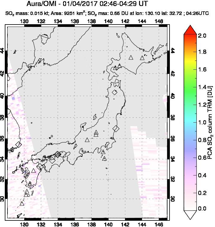 A sulfur dioxide image over Japan on Jan 04, 2017.