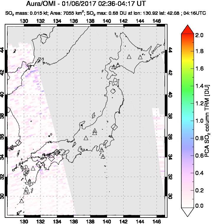 A sulfur dioxide image over Japan on Jan 06, 2017.