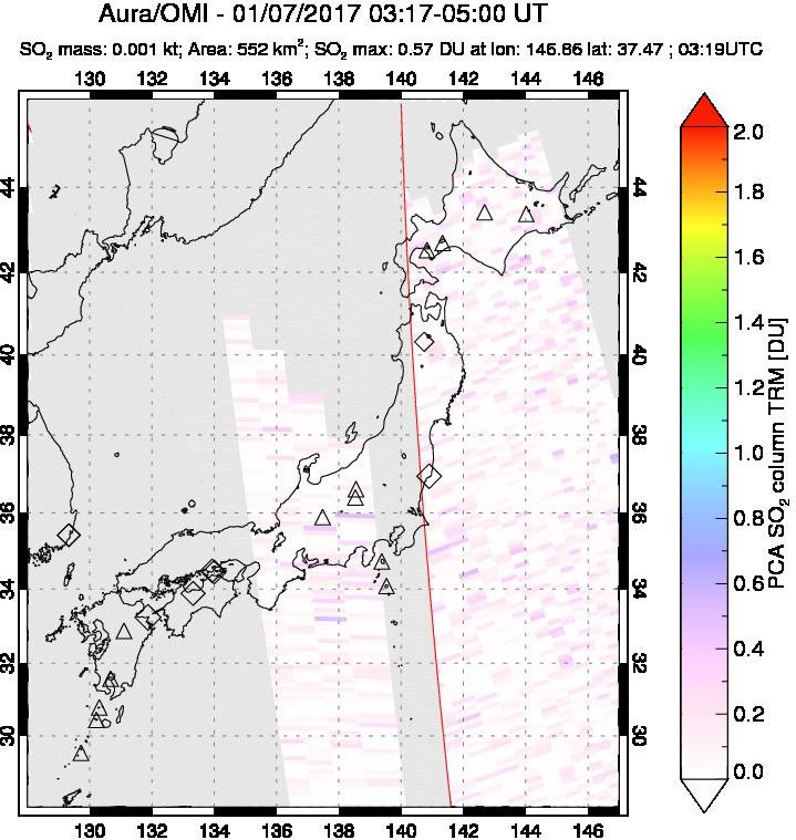 A sulfur dioxide image over Japan on Jan 07, 2017.
