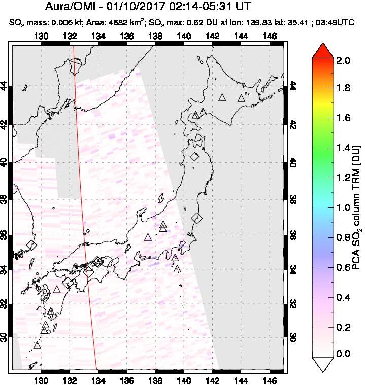 A sulfur dioxide image over Japan on Jan 10, 2017.