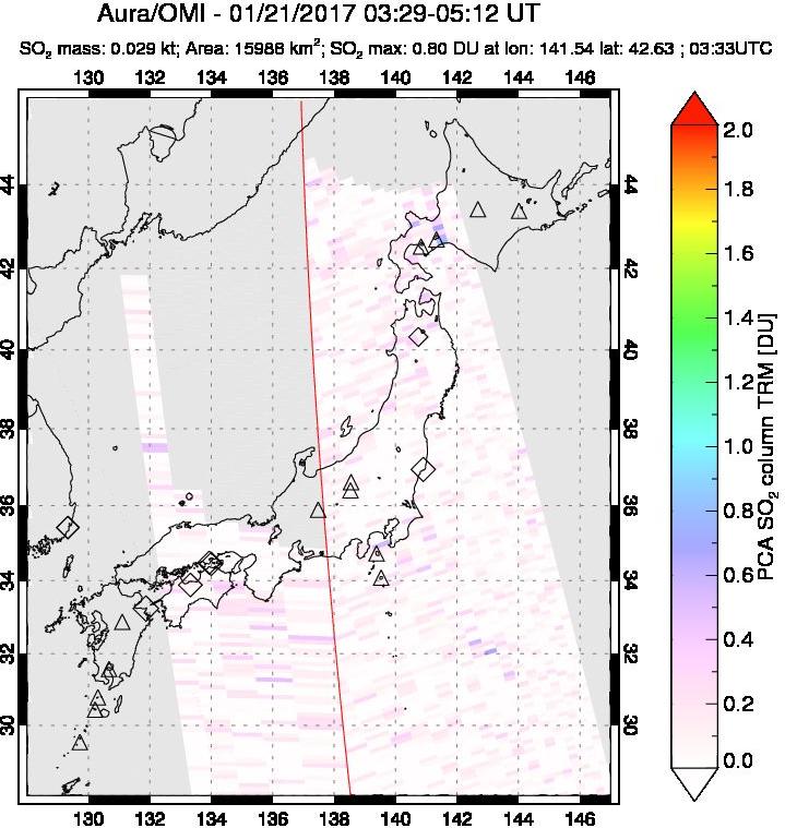 A sulfur dioxide image over Japan on Jan 21, 2017.
