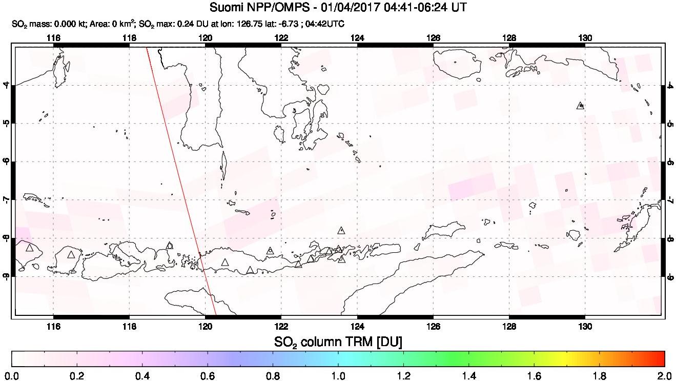 A sulfur dioxide image over Lesser Sunda Islands, Indonesia on Jan 04, 2017.