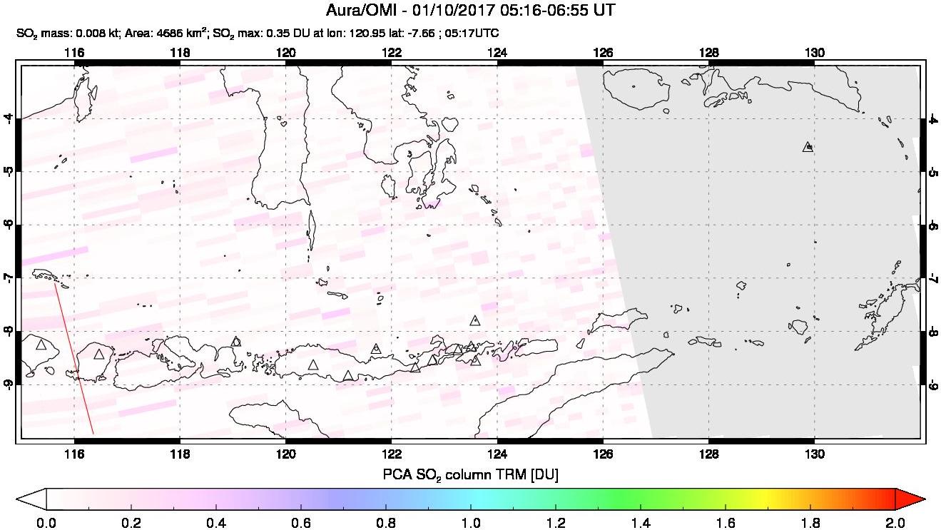 A sulfur dioxide image over Lesser Sunda Islands, Indonesia on Jan 10, 2017.