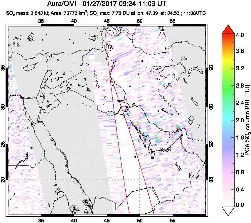 A sulfur dioxide image over Mideast on Jan 27, 2017.