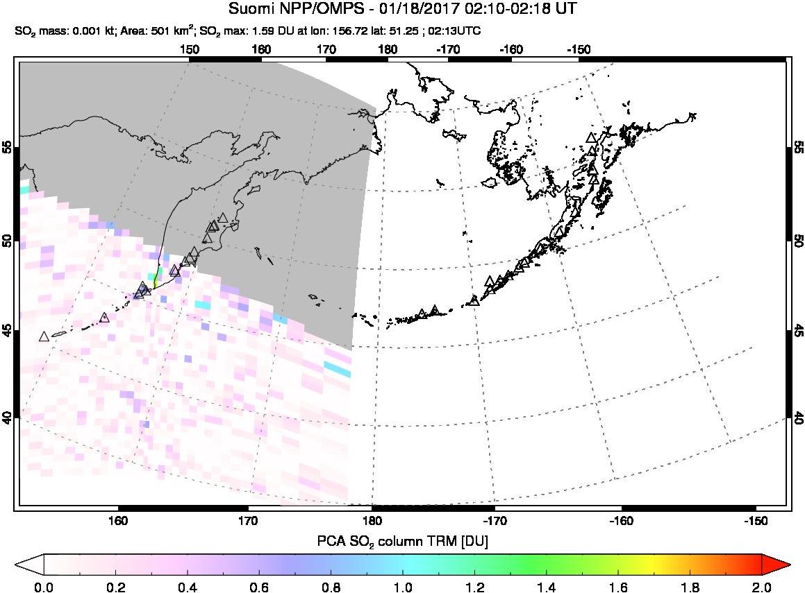 A sulfur dioxide image over North Pacific on Jan 18, 2017.