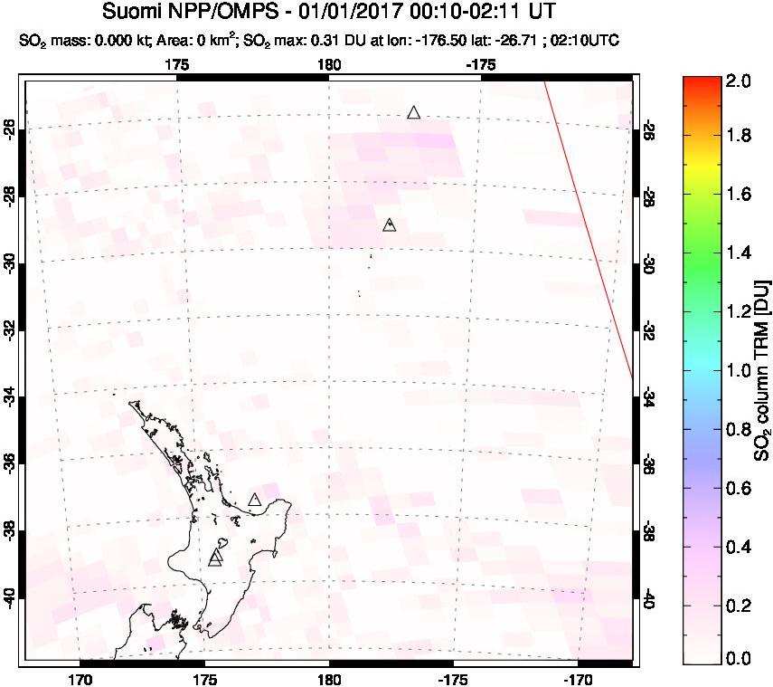 A sulfur dioxide image over New Zealand on Jan 01, 2017.