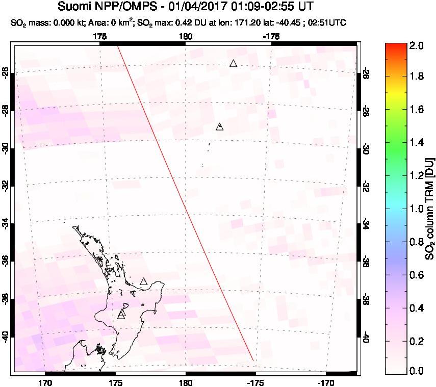 A sulfur dioxide image over New Zealand on Jan 04, 2017.