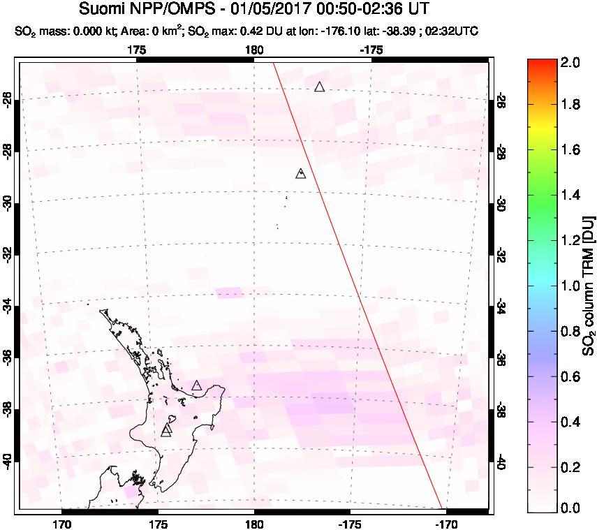 A sulfur dioxide image over New Zealand on Jan 05, 2017.