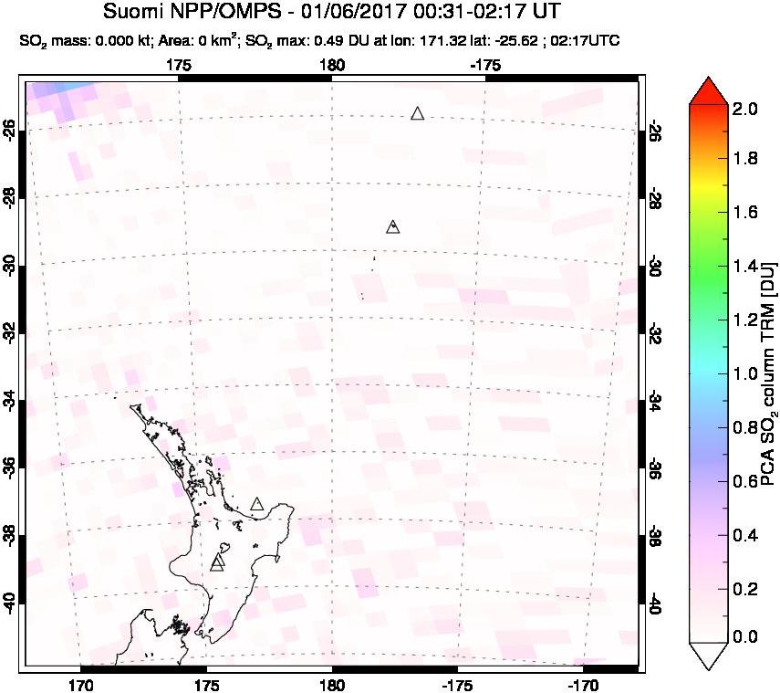 A sulfur dioxide image over New Zealand on Jan 06, 2017.