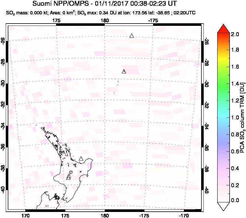 A sulfur dioxide image over New Zealand on Jan 11, 2017.