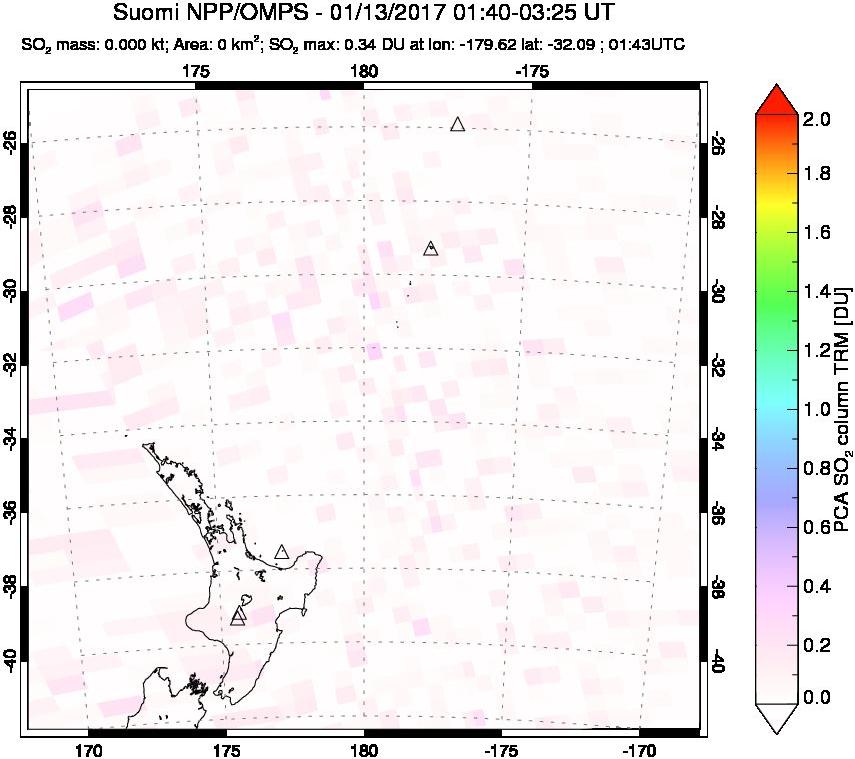 A sulfur dioxide image over New Zealand on Jan 13, 2017.