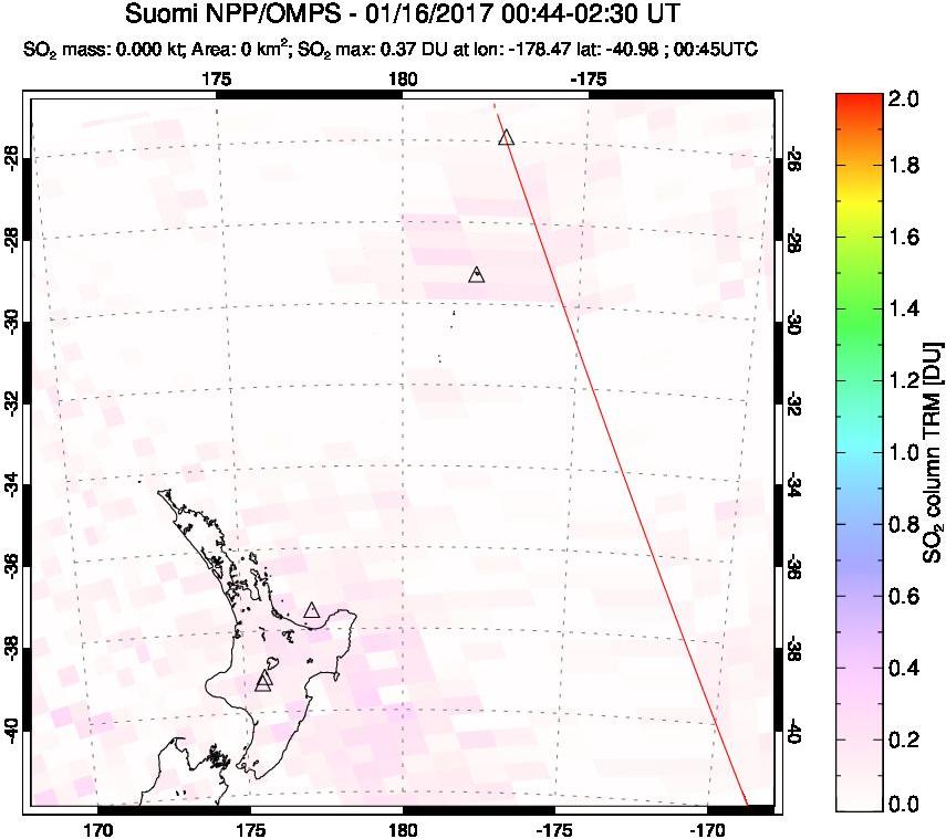 A sulfur dioxide image over New Zealand on Jan 16, 2017.