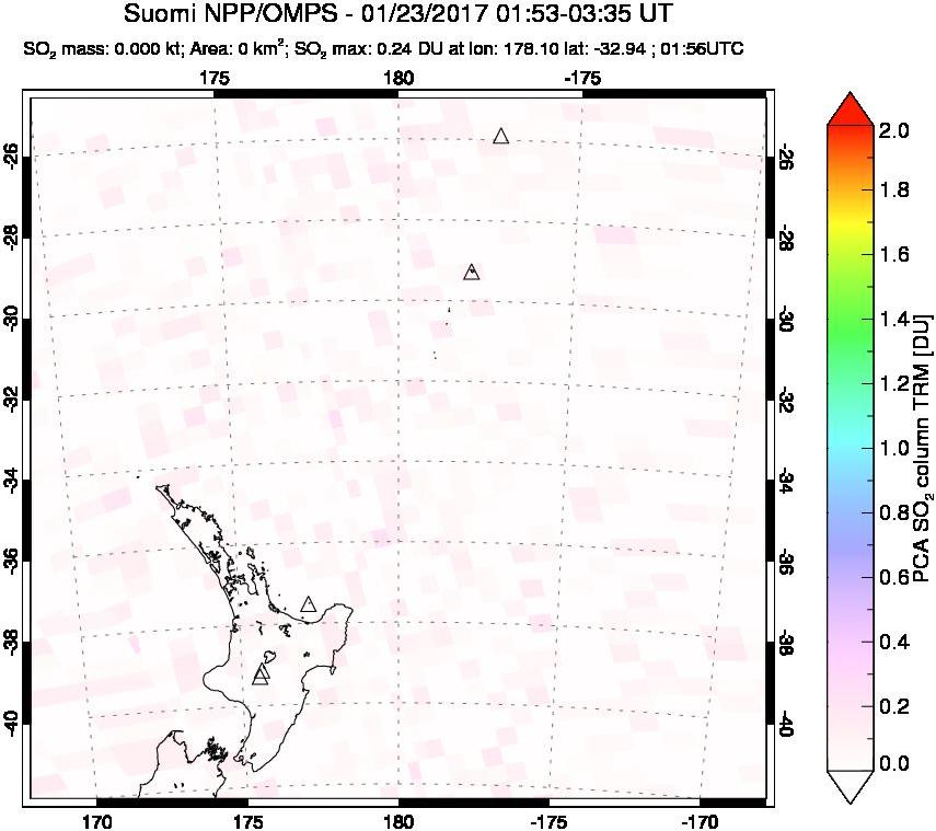 A sulfur dioxide image over New Zealand on Jan 23, 2017.