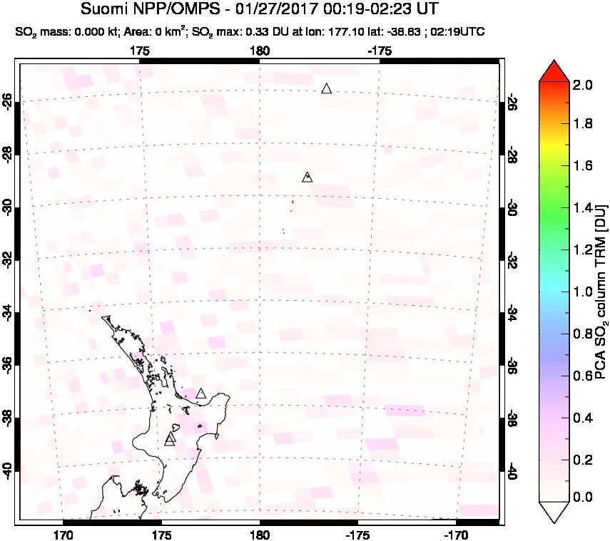 A sulfur dioxide image over New Zealand on Jan 27, 2017.