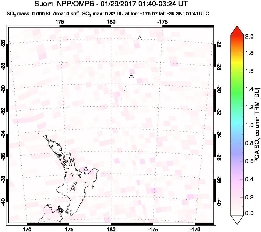 A sulfur dioxide image over New Zealand on Jan 29, 2017.