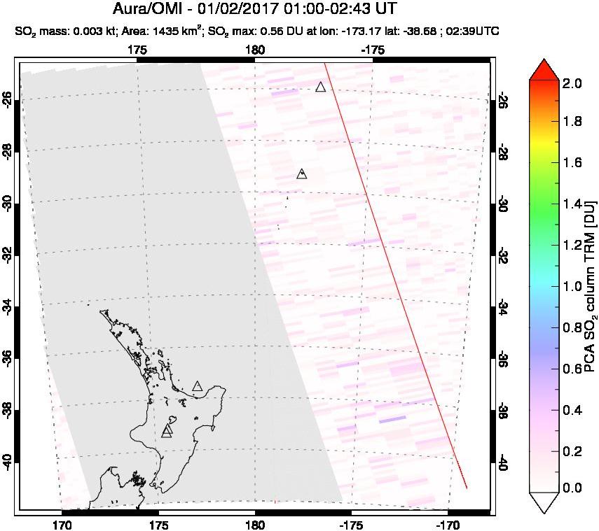 A sulfur dioxide image over New Zealand on Jan 02, 2017.