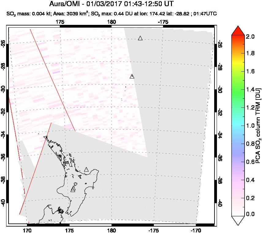 A sulfur dioxide image over New Zealand on Jan 03, 2017.