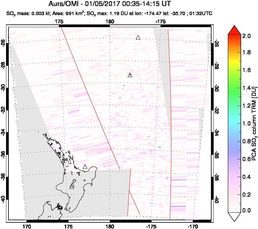 A sulfur dioxide image over New Zealand on Jan 05, 2017.