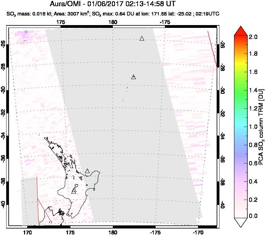 A sulfur dioxide image over New Zealand on Jan 06, 2017.