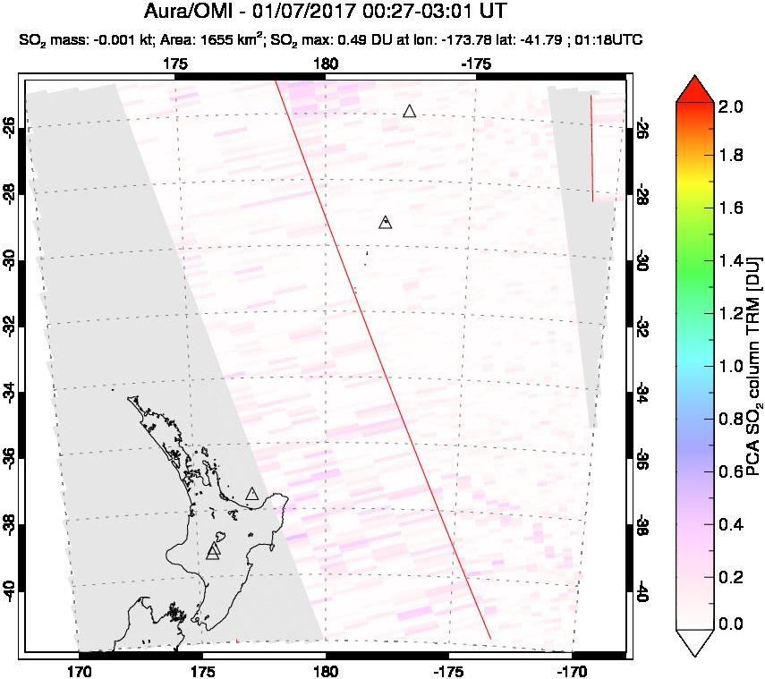 A sulfur dioxide image over New Zealand on Jan 07, 2017.