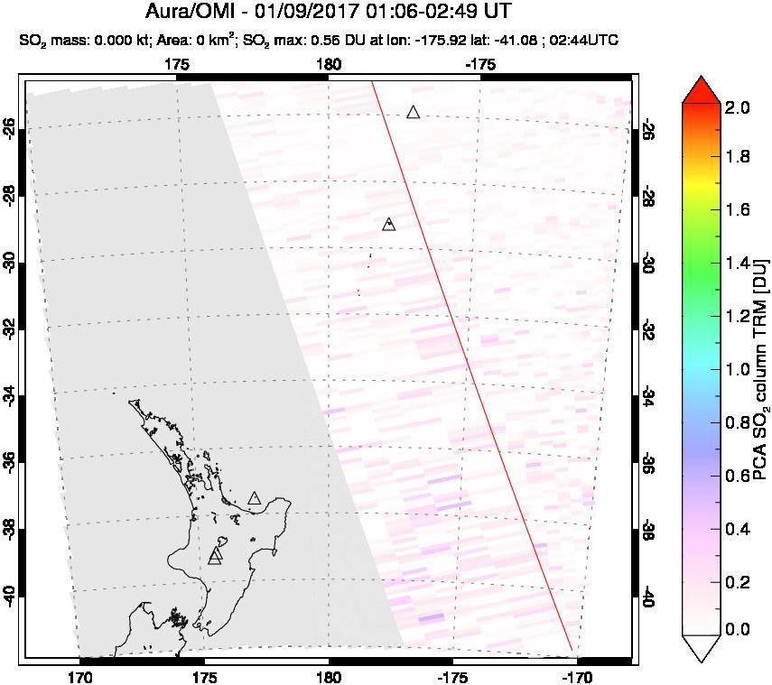 A sulfur dioxide image over New Zealand on Jan 09, 2017.