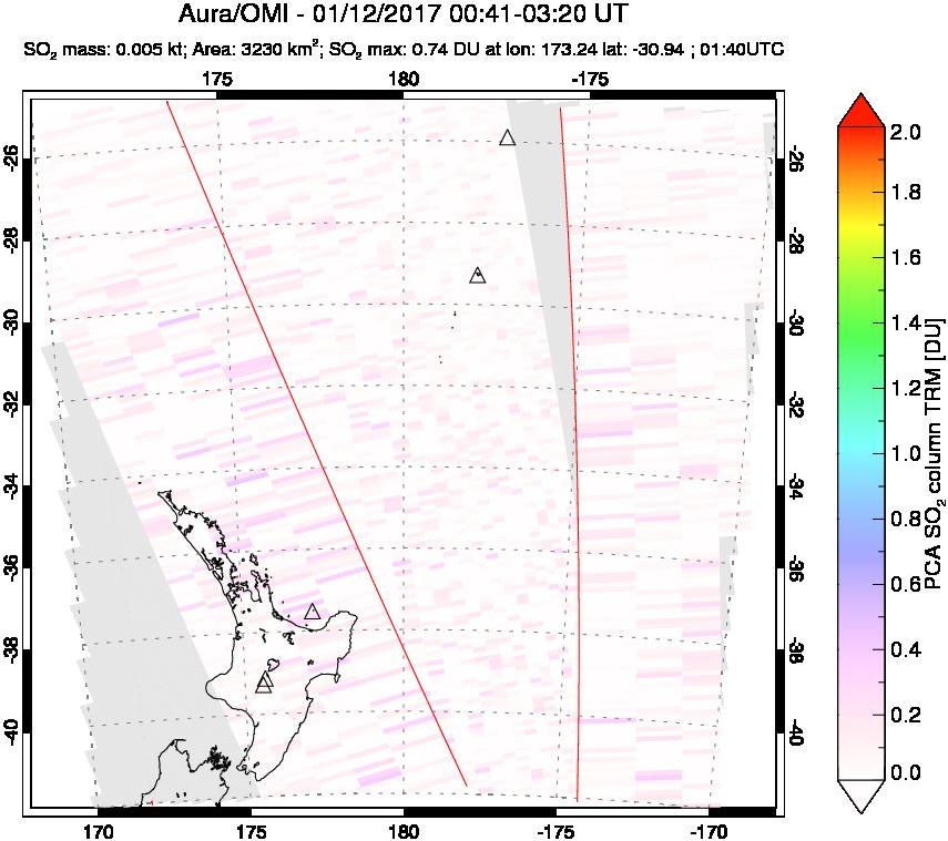 A sulfur dioxide image over New Zealand on Jan 12, 2017.