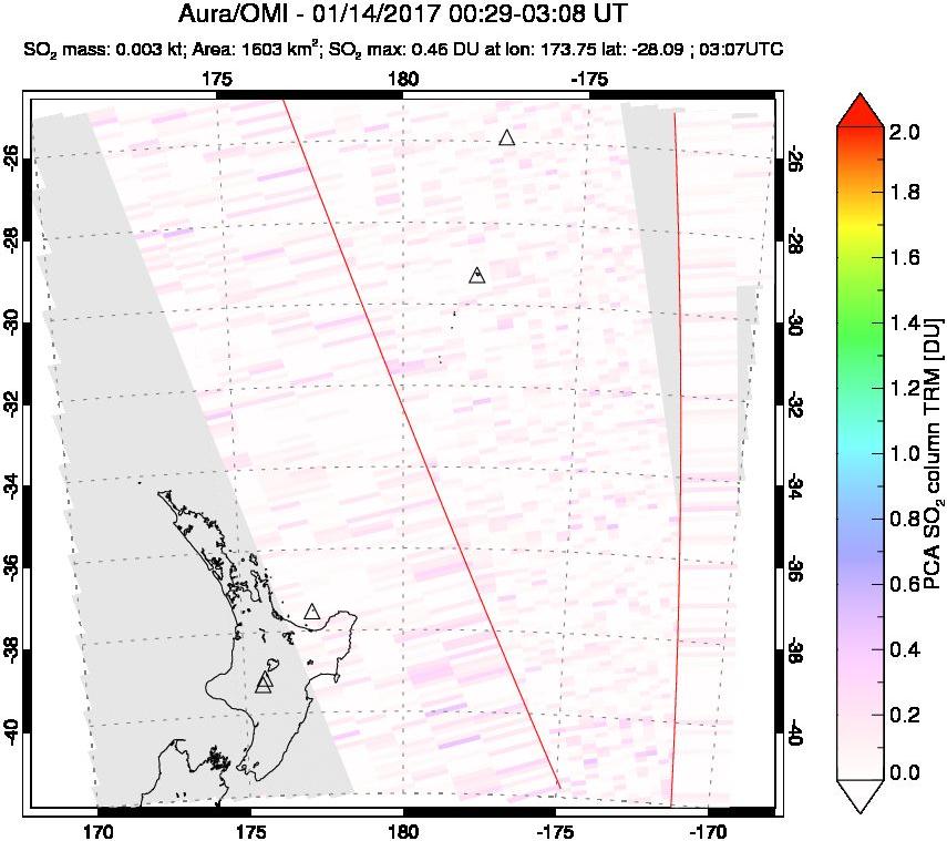 A sulfur dioxide image over New Zealand on Jan 14, 2017.