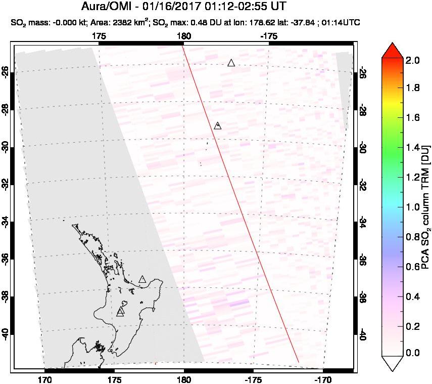 A sulfur dioxide image over New Zealand on Jan 16, 2017.