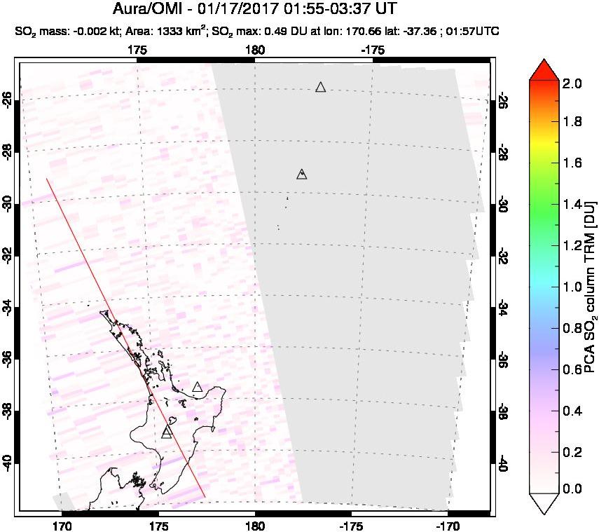 A sulfur dioxide image over New Zealand on Jan 17, 2017.