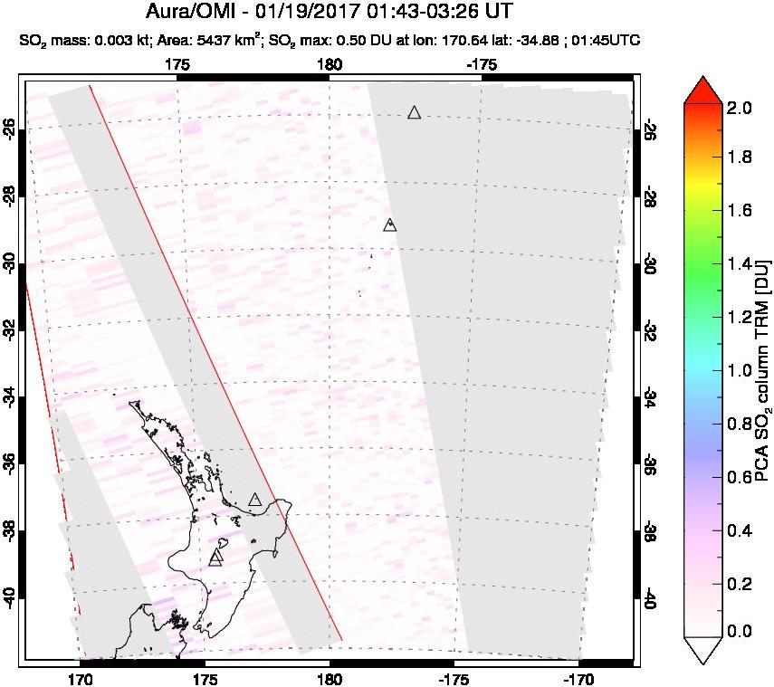 A sulfur dioxide image over New Zealand on Jan 19, 2017.