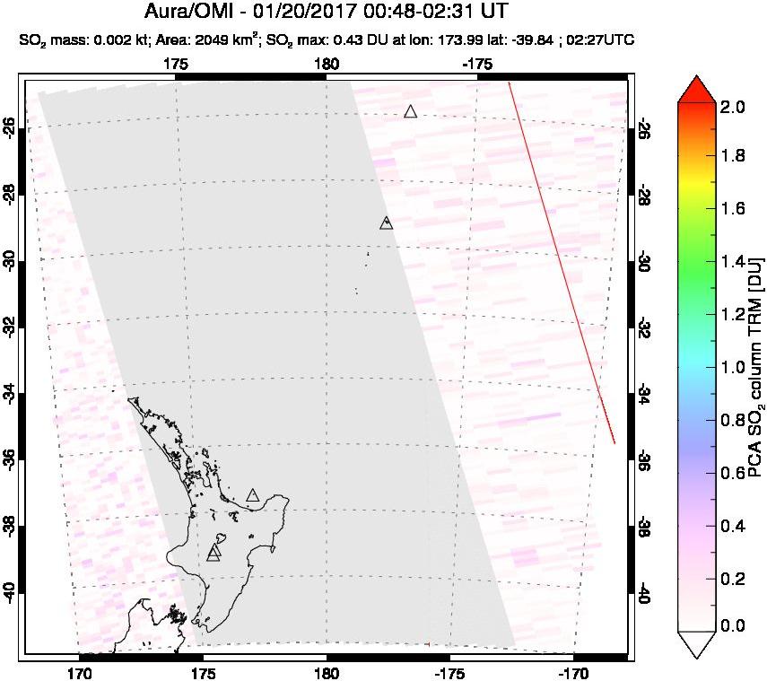 A sulfur dioxide image over New Zealand on Jan 20, 2017.