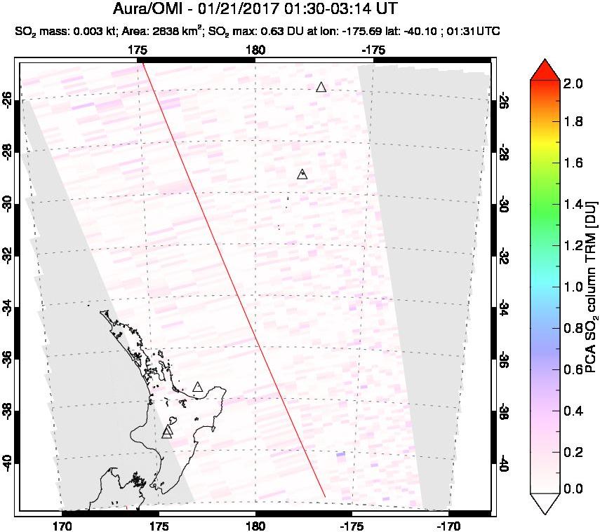 A sulfur dioxide image over New Zealand on Jan 21, 2017.