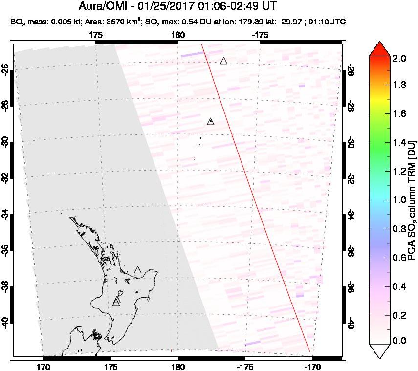 A sulfur dioxide image over New Zealand on Jan 25, 2017.