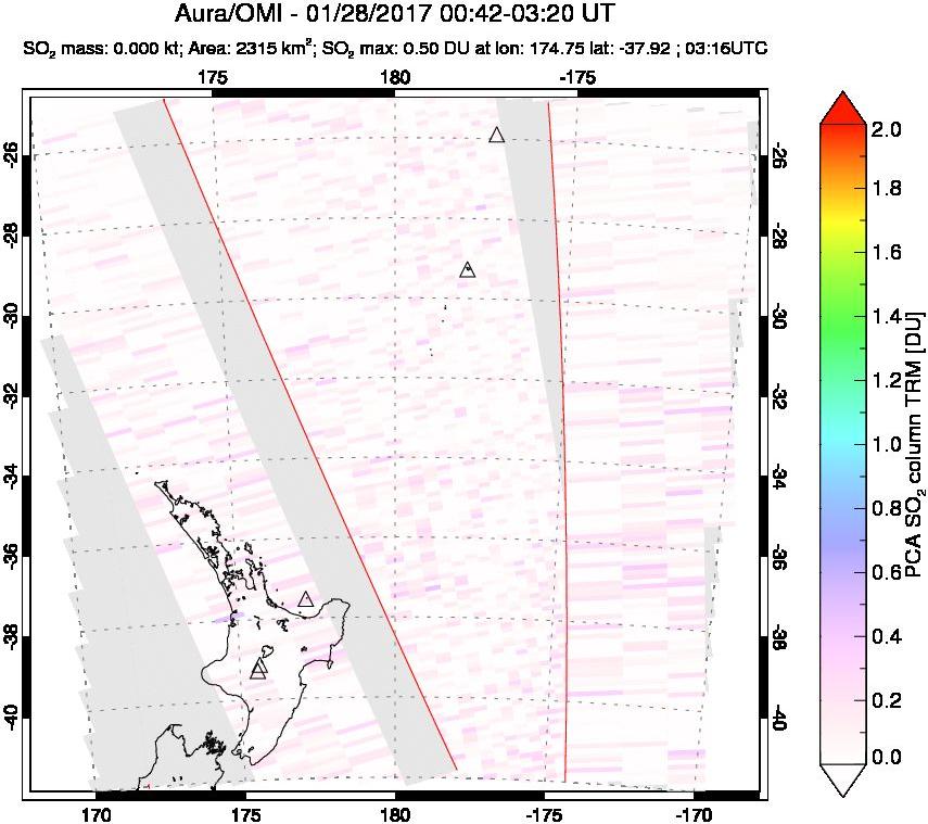 A sulfur dioxide image over New Zealand on Jan 28, 2017.