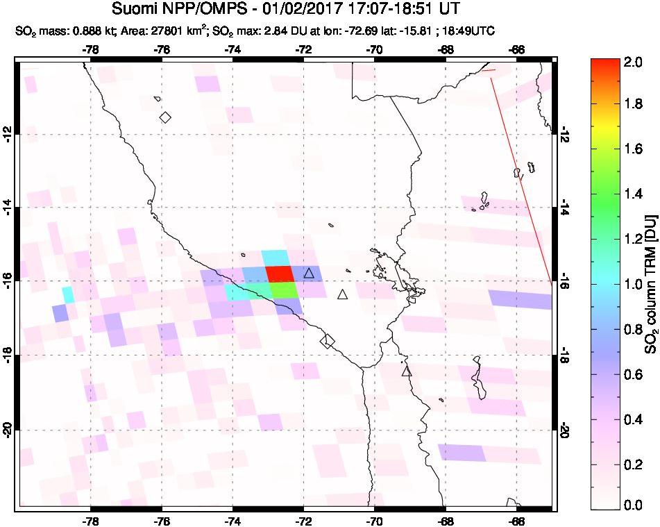 A sulfur dioxide image over Peru on Jan 02, 2017.
