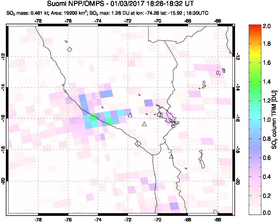 A sulfur dioxide image over Peru on Jan 03, 2017.