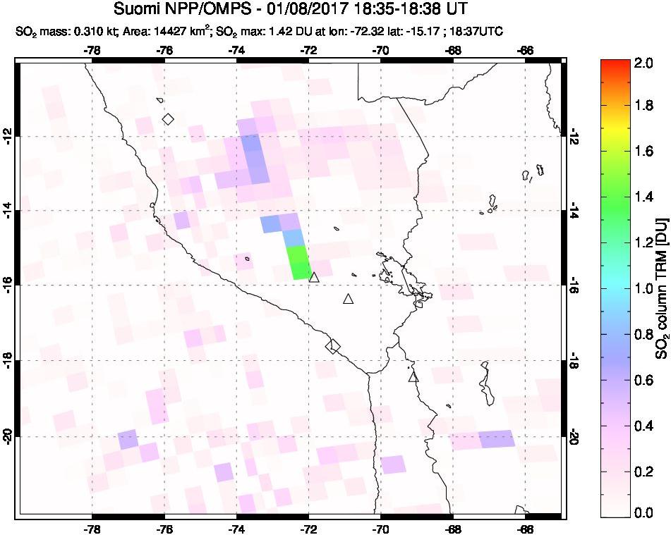 A sulfur dioxide image over Peru on Jan 08, 2017.