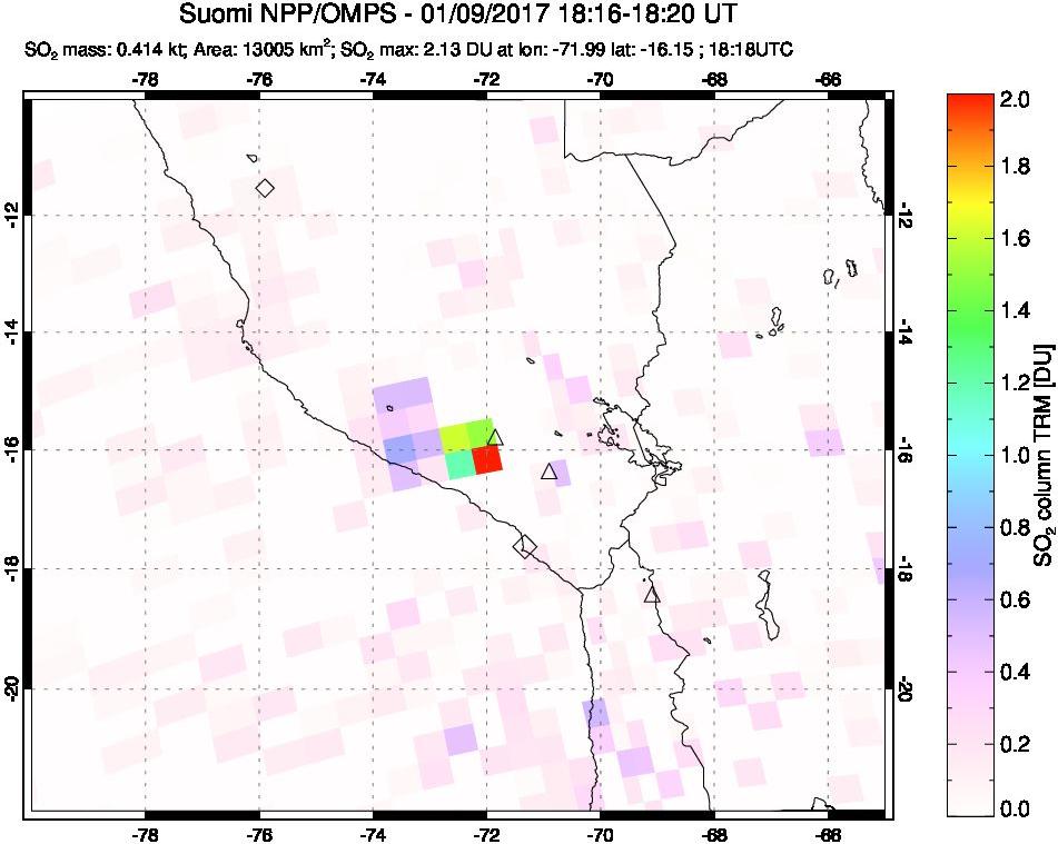 A sulfur dioxide image over Peru on Jan 09, 2017.