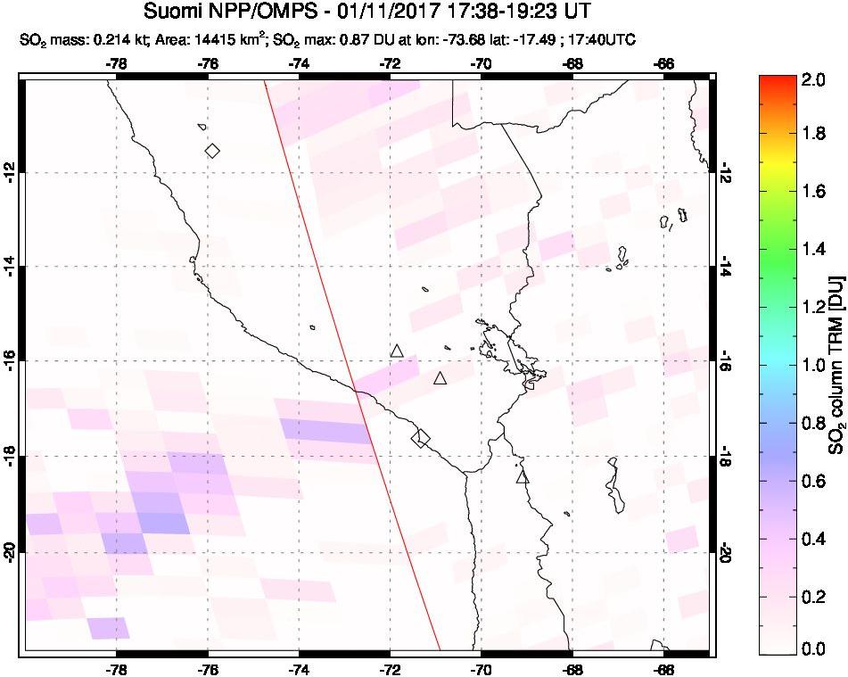 A sulfur dioxide image over Peru on Jan 11, 2017.