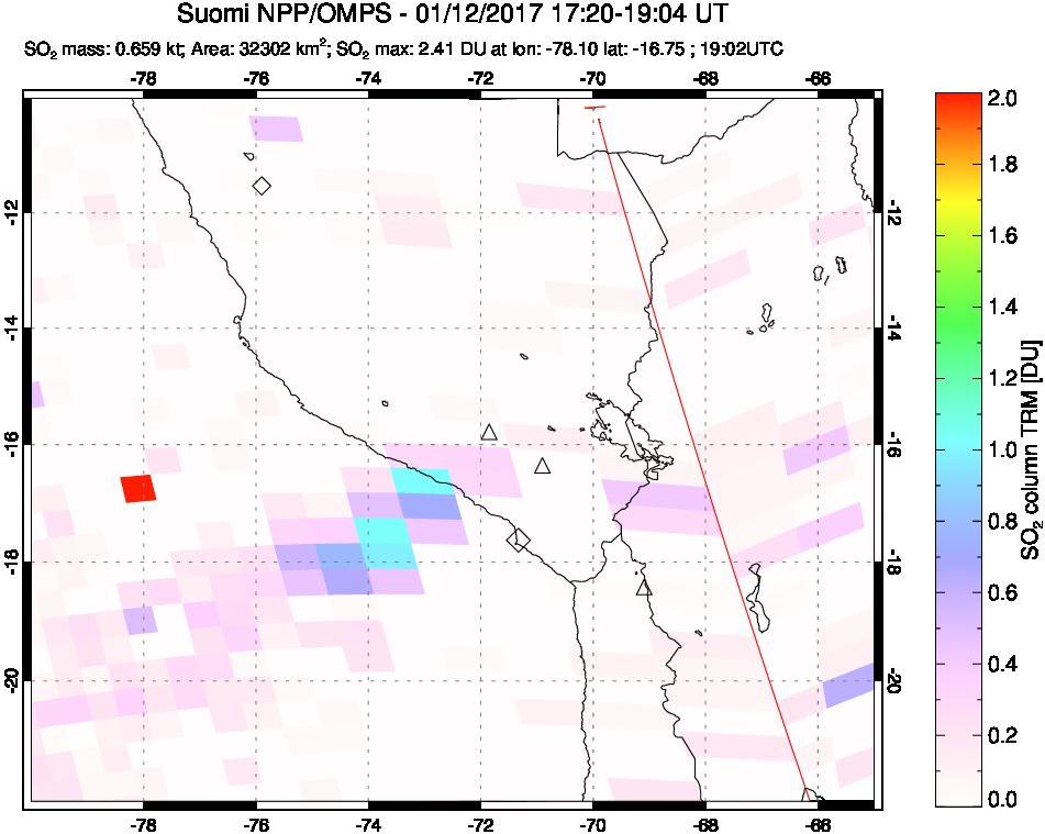A sulfur dioxide image over Peru on Jan 12, 2017.