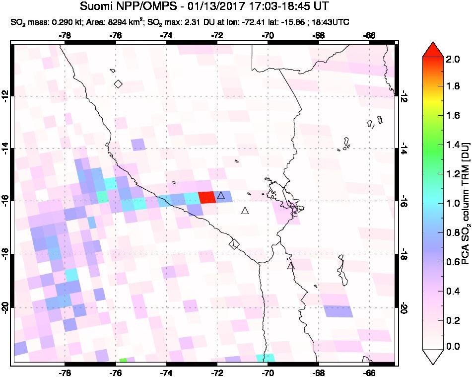 A sulfur dioxide image over Peru on Jan 13, 2017.