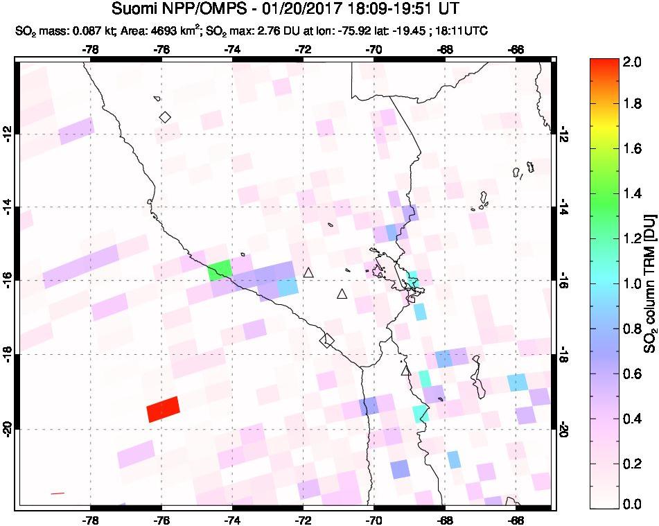 A sulfur dioxide image over Peru on Jan 20, 2017.
