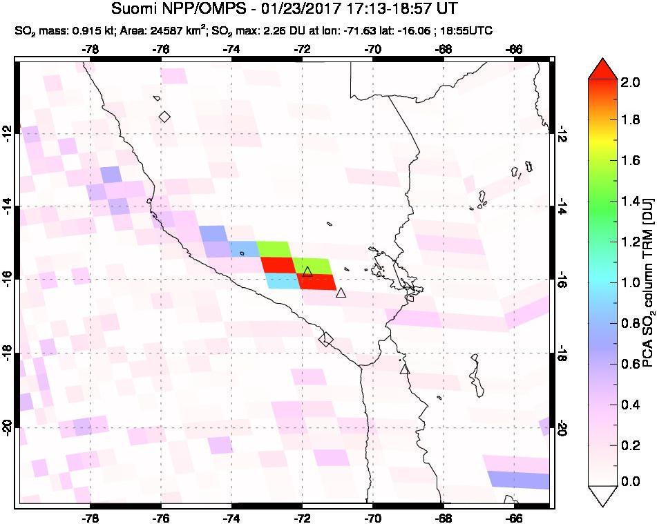 A sulfur dioxide image over Peru on Jan 23, 2017.