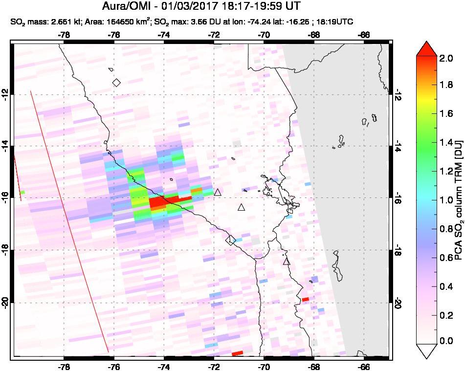 A sulfur dioxide image over Peru on Jan 03, 2017.