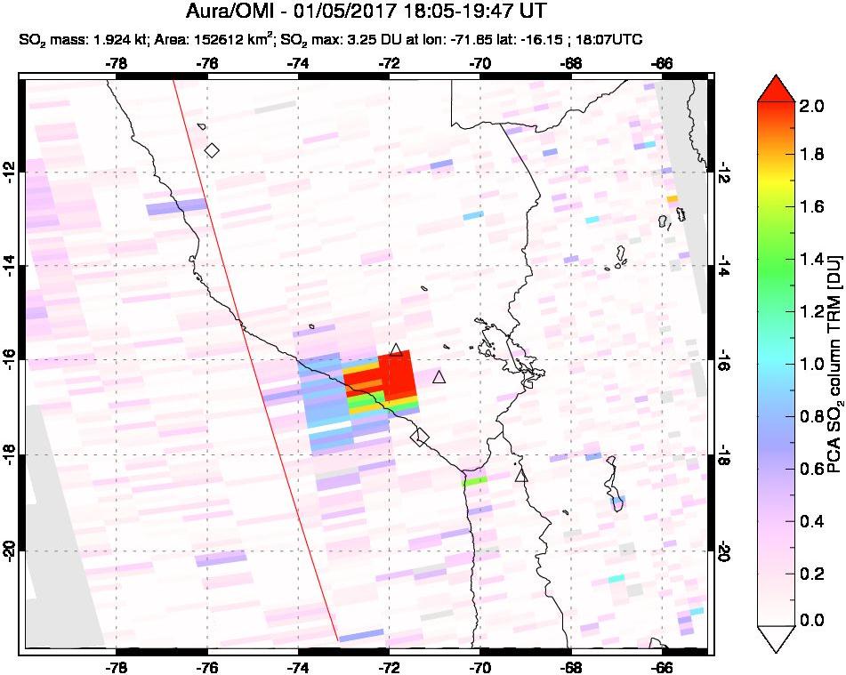 A sulfur dioxide image over Peru on Jan 05, 2017.