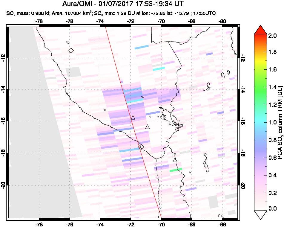 A sulfur dioxide image over Peru on Jan 07, 2017.