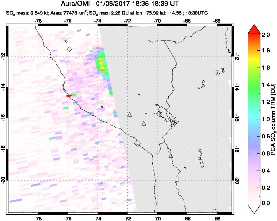 A sulfur dioxide image over Peru on Jan 08, 2017.