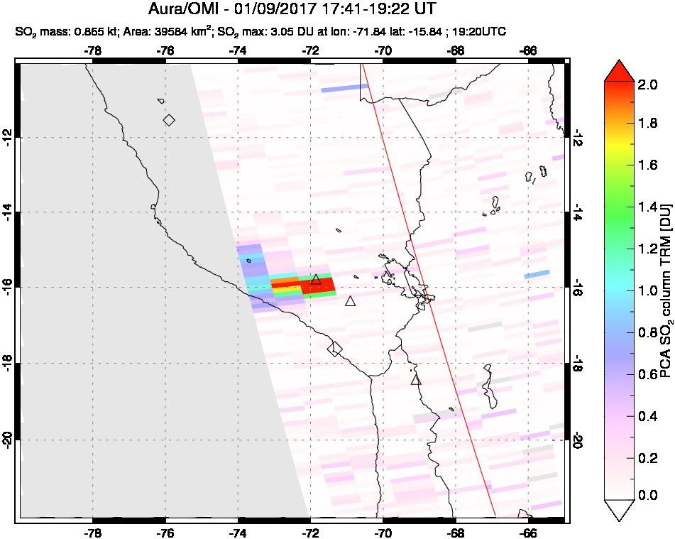 A sulfur dioxide image over Peru on Jan 09, 2017.